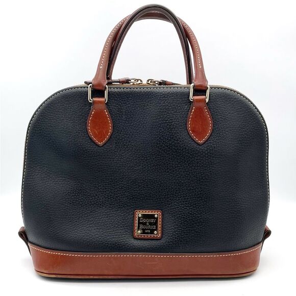 Dooney & Bourke Handbags - Dooney & Bourke Pebble Grain Zip Around Satchel Black & Cognac Brown Leather Bag